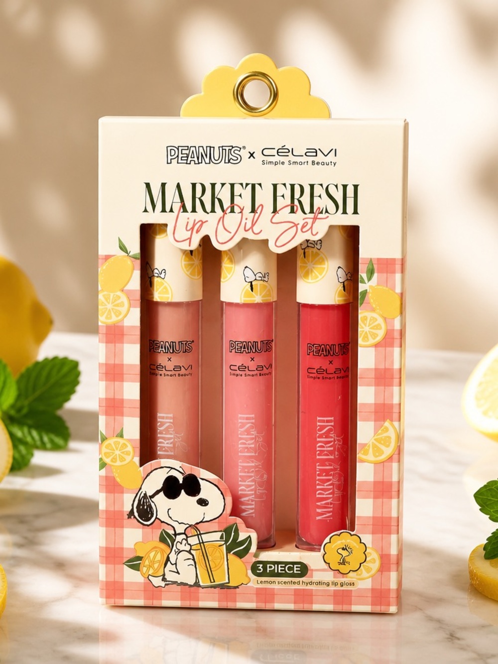 Peanuts x Célavi Market Fresh 3 Pc Lip Oil Set Lemon Scented Snoopy